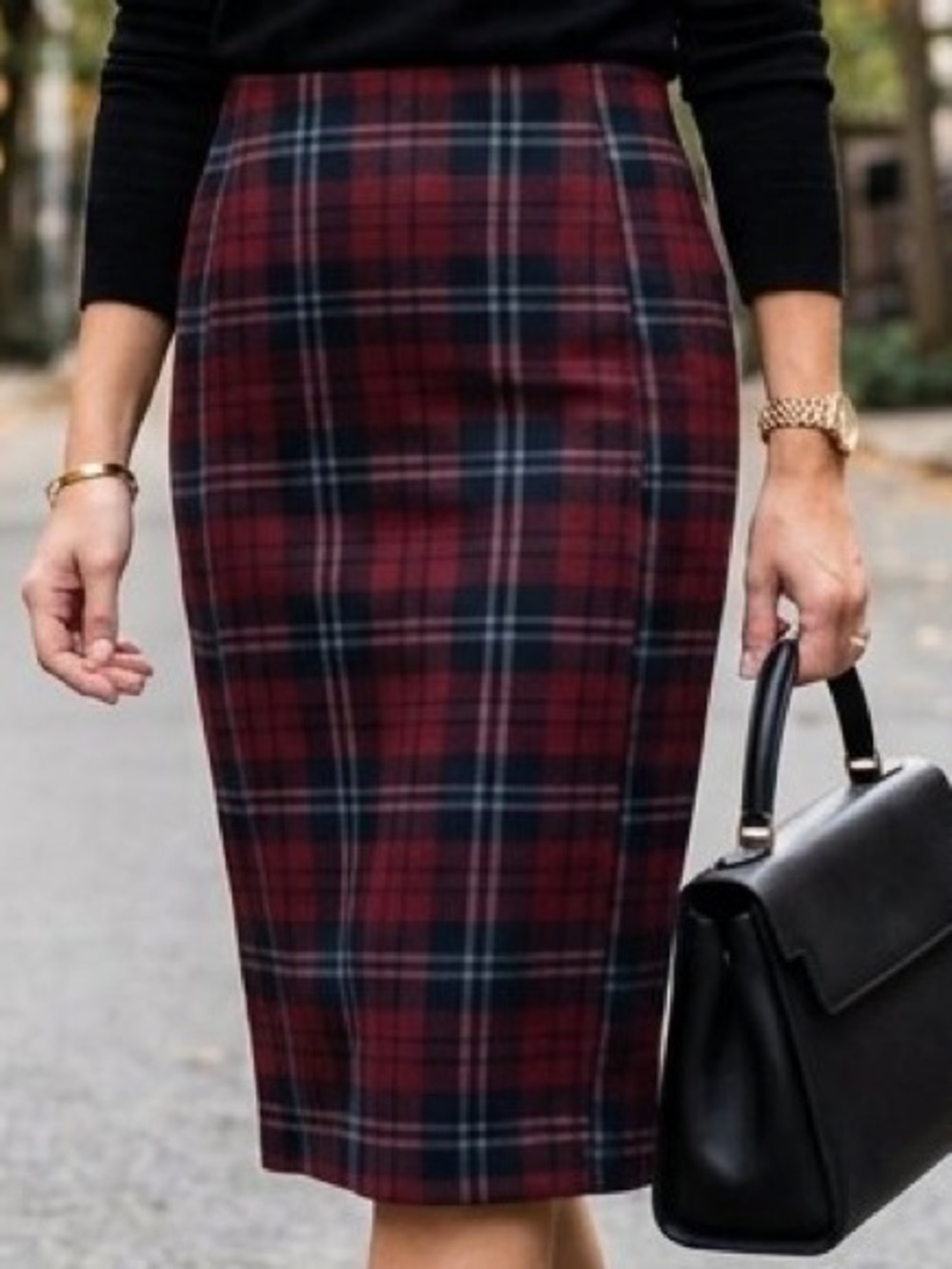 Liverpool Los Angeles Plaid Pencil Skirt Burgundy Black Mid Length NWOT 8